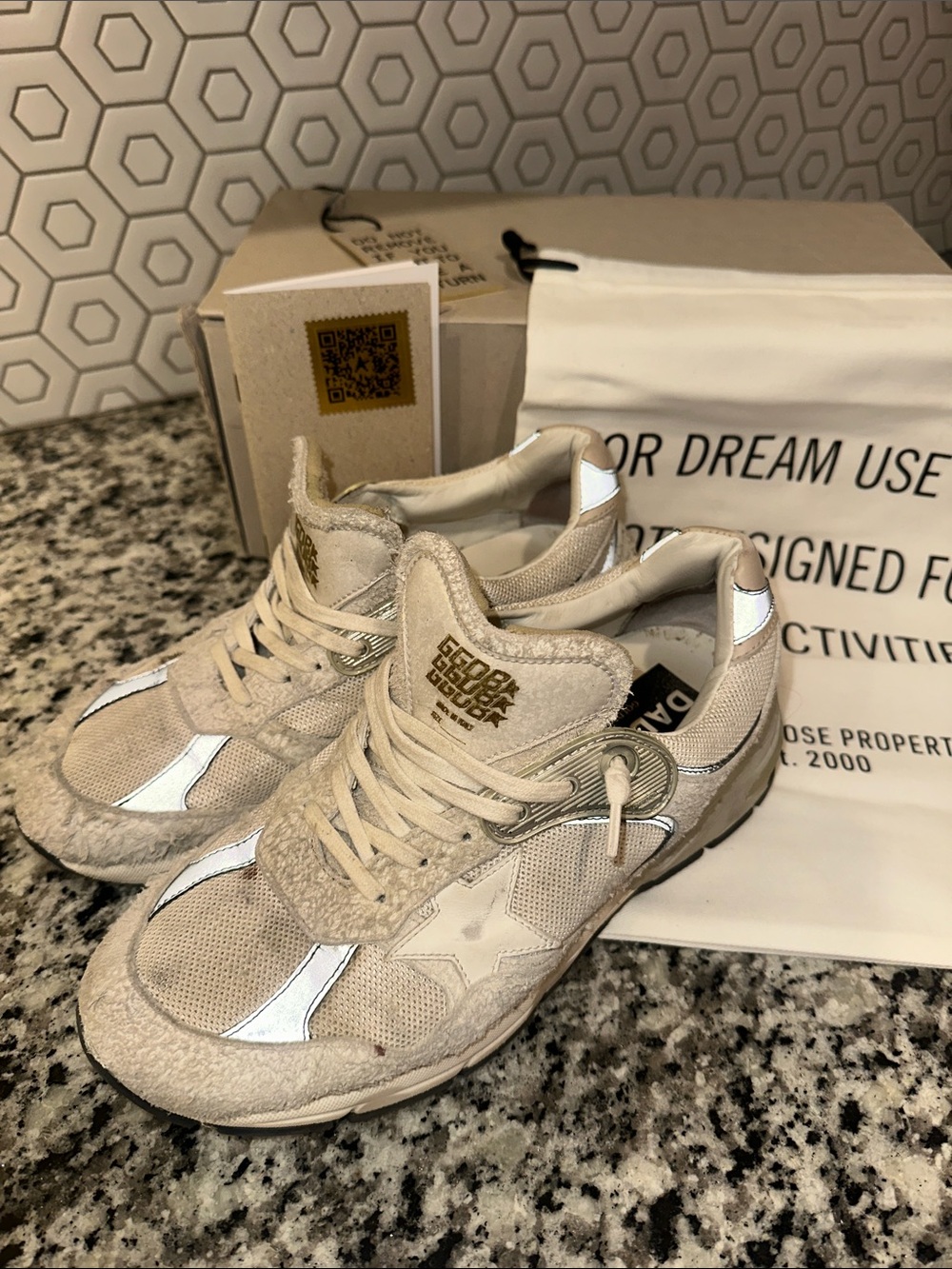 Golden Goose White and Silver Running Dad Sneakers